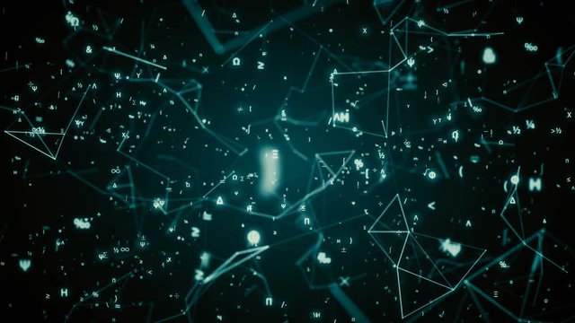 Digital seamless mathematical symbols loop. Abstract digital futuristic motion background with math and physics symbols and mesh network grid. 3D animation with alpha matte channel. 4K science concept