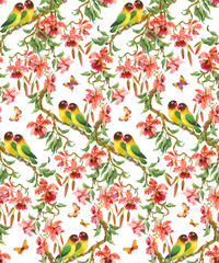 Parrots and flowering branch of orchids. Seamless background pattern version 1