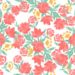 Abstract floral seamless pattern with red-pink hand drawn flowers from simple shapes and leaves on white background.  Vintage botanical endless texture. illustration. Textile design