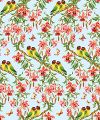Parrots and flowering branch of orchids. Seamless background pattern version 4