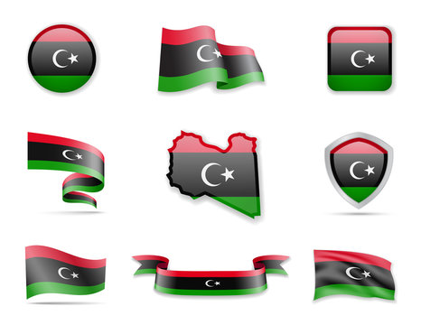 Libya flags collection. Vector illustration set flags and outline of the country.