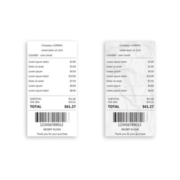 Realistic paper shop receipt with barcode. Payment paper bills for cash or credit card. Vector illustration.