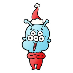 happy gradient cartoon of a alien wearing santa hat