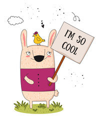 Vector poster with cartoon funny rabbit with a transparency with the spring slogan