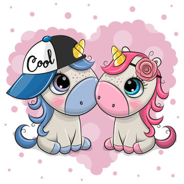 Two Cute Cartoon Unicorns on a heart background