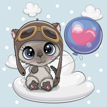 Cute Cartoon Kitten boy with Balloon