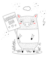 Vector poster with cartoon funny pig with a transparency