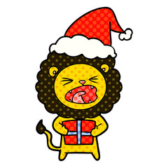 comic book style illustration of a lion with christmas present wearing santa hat