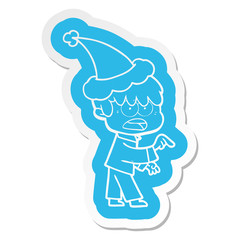 worried cartoon  sticker of a boy wearing santa hat