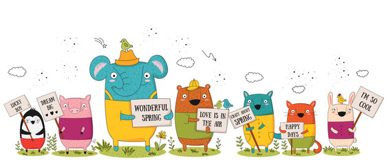 Fototapeta premium Vector poster with cartoon funny animals with a transparency with the spring slogan