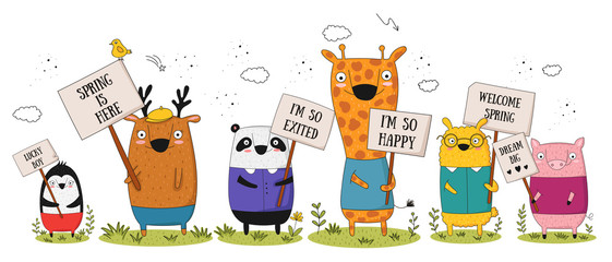 Vector poster with cartoon funny animals with a transparency with the spring slogan