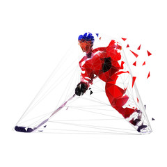 Hockey player, low polygonal ice hockey skater in red jersey with puck, isolated geometric vector illustration