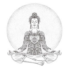 Woman practice yoga meditation, lotus pose, graphic illustration