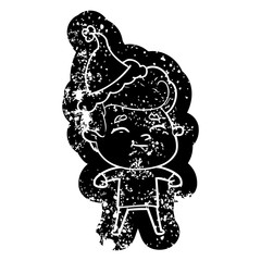 happy cartoon distressed icon of a man wearing santa hat
