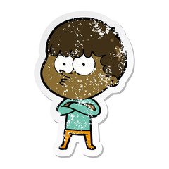 distressed sticker of a cartoon curious boy