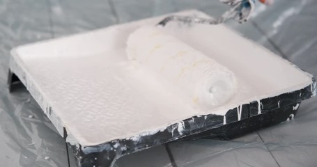 Woman hand loading paint roller from palette of liquid paint