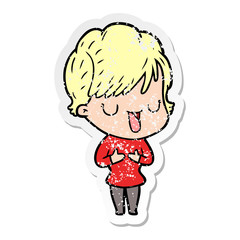 distressed sticker of a cartoon woman talking