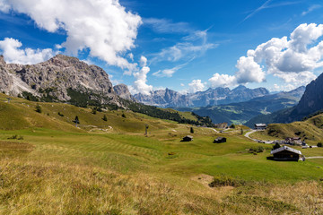 Fototapeta na wymiar view of Sella group and Gardena pass or Grodner Joch, Dolomites, Italy
