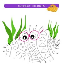Connect the dots and color. Cute shell. Cartoon vector Illustration of educational game. 