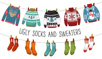 Ugly sweaters and socks collection. Christmas socks and sweaters for party, invitation, greeting card in cartoon style. Ugly sweater party elements. Vector Christmas decorations and clothing set.