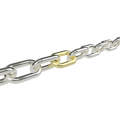 Silver chain with a gold link in the center of which is beginning to heat up the rest. Isolated on white background. 3d rendering. 3d illustration.