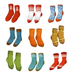 Ugly socks collection. Christmas socks for party, invitation, greeting card in cartoon style. Ugly sweater party elements. Vector Christmas decorations and clothing set.