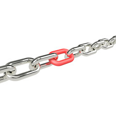 Obraz premium Silver chain with a red link in the center of which is beginning to heat up the rest. Isolated on white background. 3d rendering. 3d illustration.