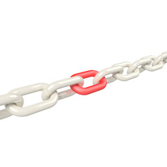 Silver chain with a red link in the center of which is beginning to heat up the rest. Isolated on white background. 3d rendering. 3d illustration.