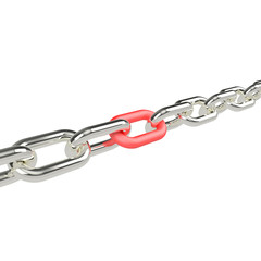 Obraz premium Silver chain with a red link in the center of which is beginning to heat up the rest. Isolated on white background. 3d rendering. 3d illustration.