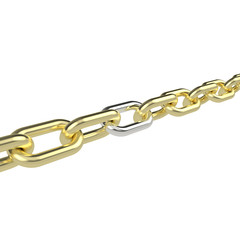 Gold chain with a silver link in the center of which is beginning to heat up the rest. Isolated on white background. 3d rendering. 3d illustration.