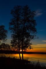 Fototapeta na wymiar Late autumn sunset on the lake against the silhouette of two trees.