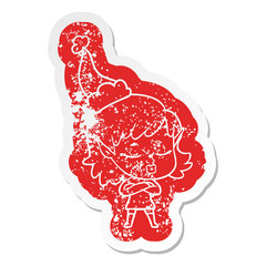 pretty cartoon distressed sticker of a elf girl wearing santa hat