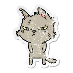 distressed sticker of a tough cartoon cat