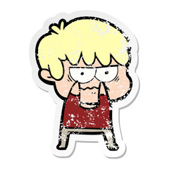 distressed sticker of a annoyed cartoon boy