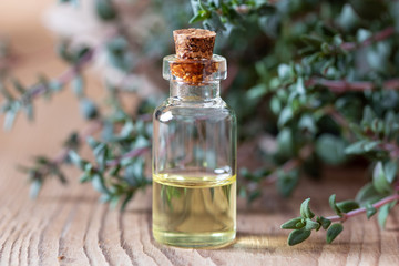 Obraz na płótnie Canvas A bottle of thyme essential oil with fresh thyme twigs