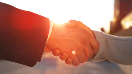 LENS FLARE: Businessman and woman shake hands after a successful job interview.