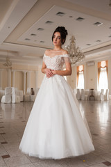 Fototapeta premium Beauty portrait of bride wearing fashion wedding dress with feathers with luxury delight make-up and hairstyle, studio indoor photo