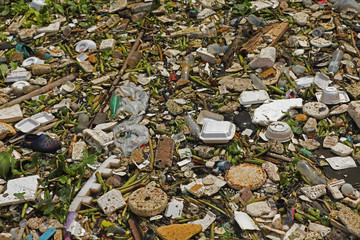 Fluß Chao Praya in Bangkok voll mit schwimmendem Müll