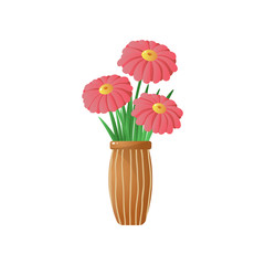 Big red flowers in stripped vase isolated on white background