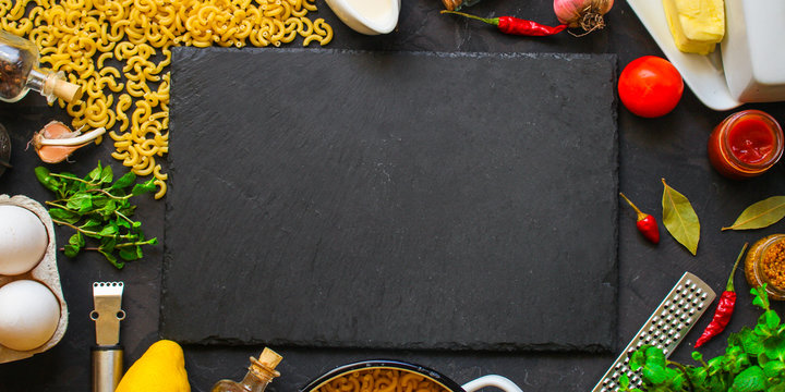 pasta, elbow and sauce (set of ingredients). top food background. copy  space Stock Photo | Adobe Stock