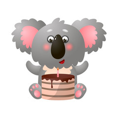 Funny cute exotic koala with birthday cake on white background
