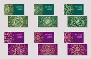 Set of business cards with abstract ethnic pattern. The element of corporate identity. Round golden mandala on green and purple background. Vector illustration