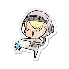 distressed sticker of a happy cartoon space girl kicking