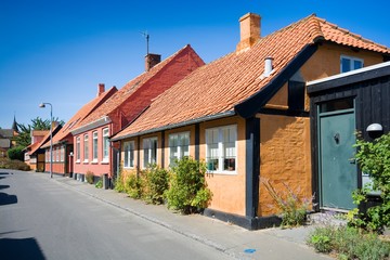 Fototapeta na wymiar Traditional colorful half timbered houses in Svaneke, Bornholm, Denmark