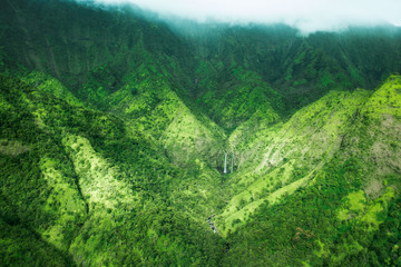 beautiful nature landscape in Kauai island Hawaii. View from helicopter,plane,top. Forest. Mountains. Ocean. View . Drone