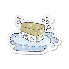 retro distressed sticker of a cartoon scrubbing brush