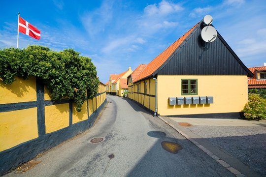 Traditional colorful half timbered houses in Allinge, Bornholm, Denmark