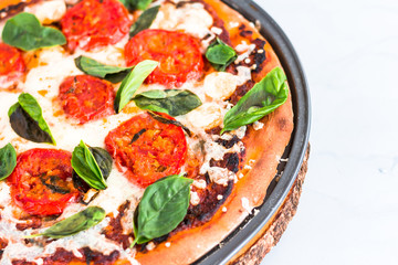 Margherita Pizza - a Thin crust Pizza Topped with Tomatoes, Fresh Mozzarella, and Fresh Basil Leaves. Extreme Close-Up of Margherita Flat Bread Pizza on Gray / White Textured Background..