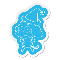 cartoon  sticker of a unsure elephant wearing santa hat
