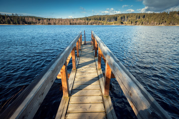 Wooden Pier with Pond and Forest on Background. Czech Republic, Europe.